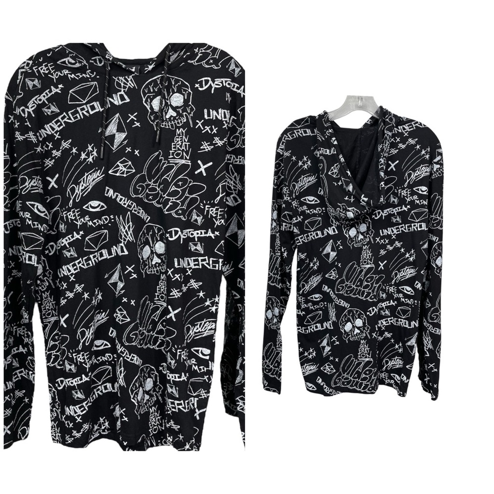 WXYZ Mens Light Weight Pullover Hoodie Skull And Graffiti Sz L 100% Cotton Black